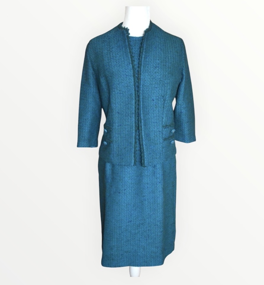 🧵 True Vintage 1950s Davisella Turquoise Speckle Dress Suit | 2 Piece | UK 12 🧵