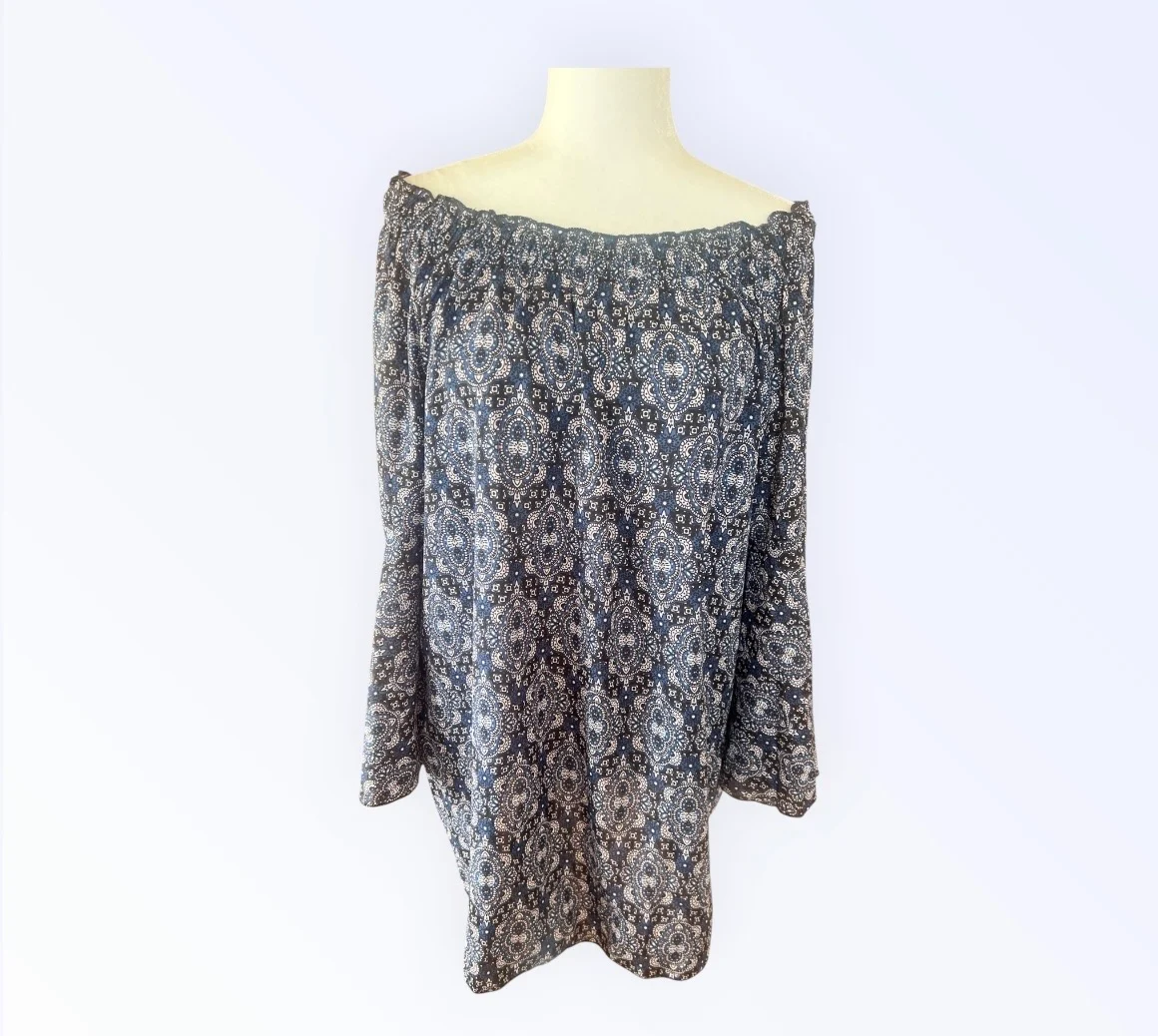 🦋 Navy Blue Paisley Bardot Off Shoulder Boho Tunic Blouse Top One Size 🦋