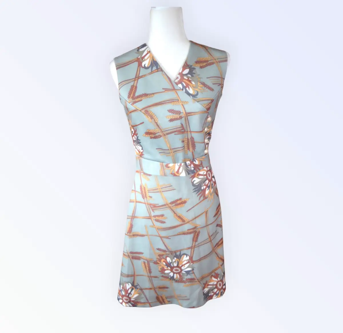 💚🌸 Rare Vintage 1950s Made in England Pale Green Floral Dress UK 10-12 Sleeveless Dress 🌸💚