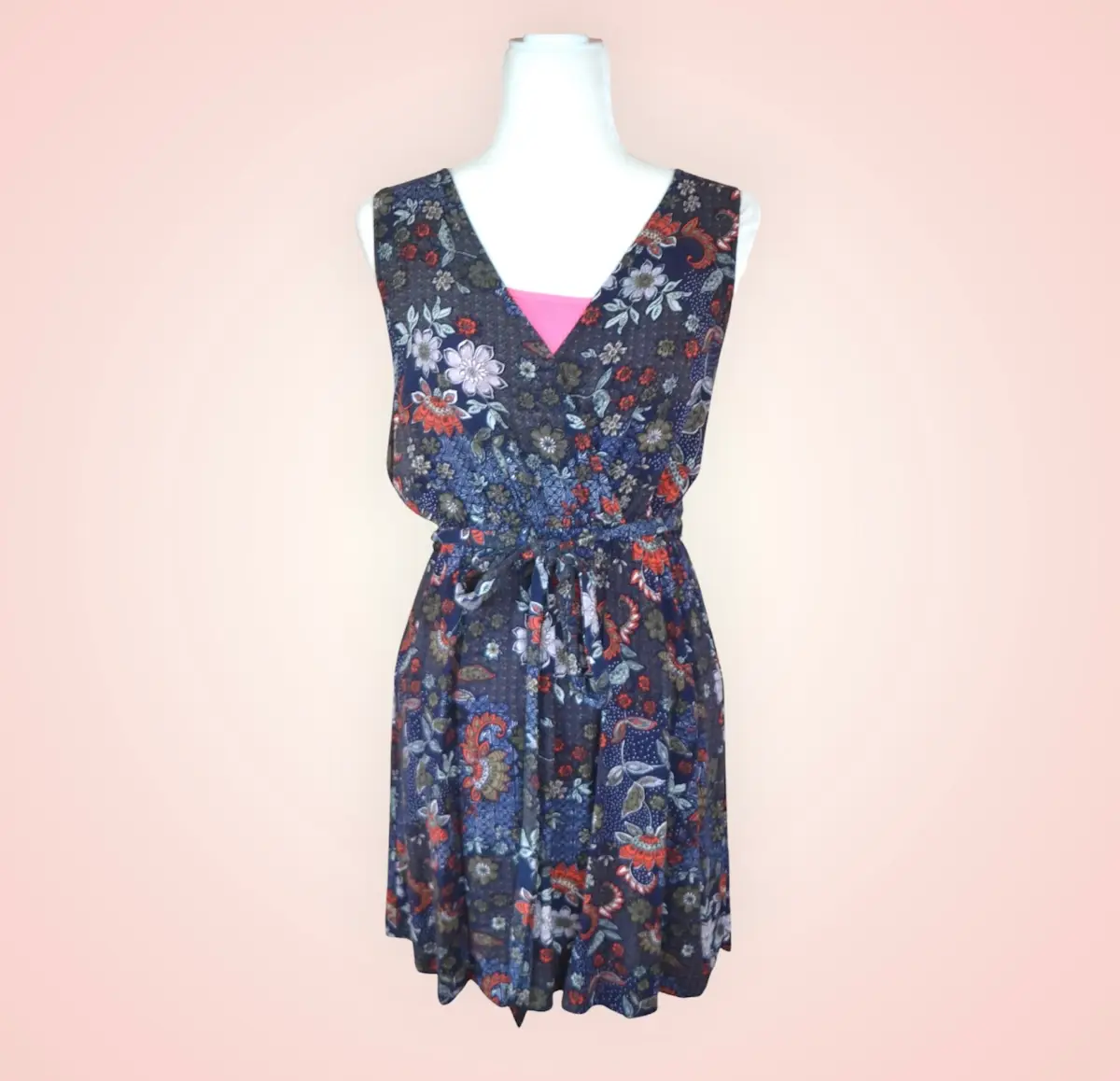💙🤍 Apricot Navy Print Wrap Style Dress UK 10 Belted Short Sleeve Summer Dress 🤍💙