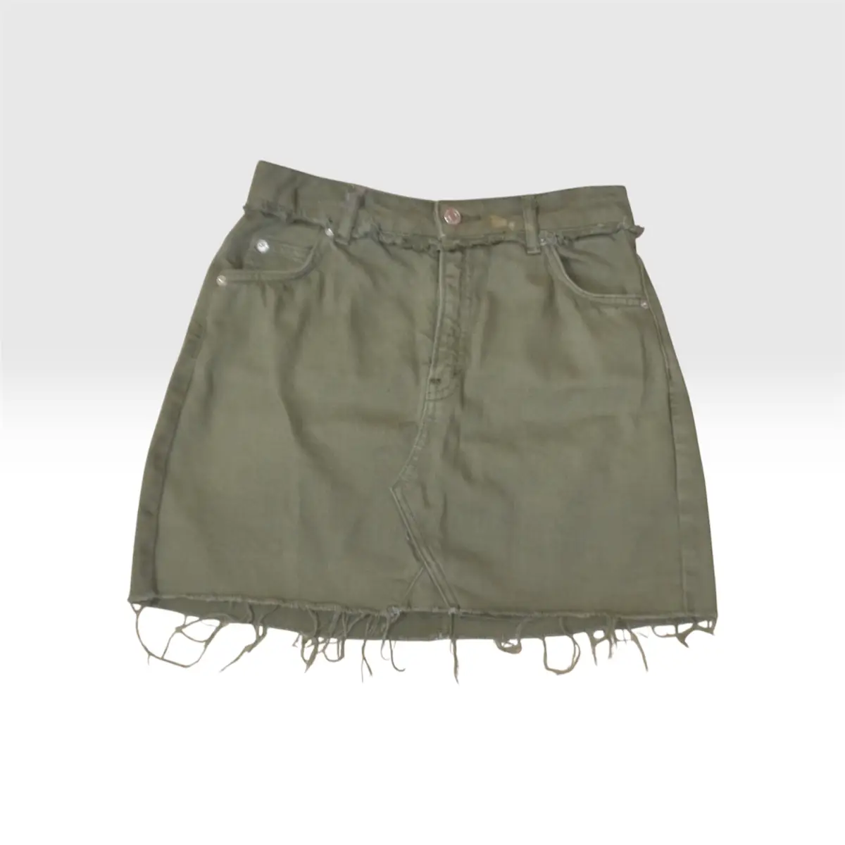 💚 Topshop Moto Green Cotton Denim Mini Skirt UK 8 Frayed Hem A-Line 💚