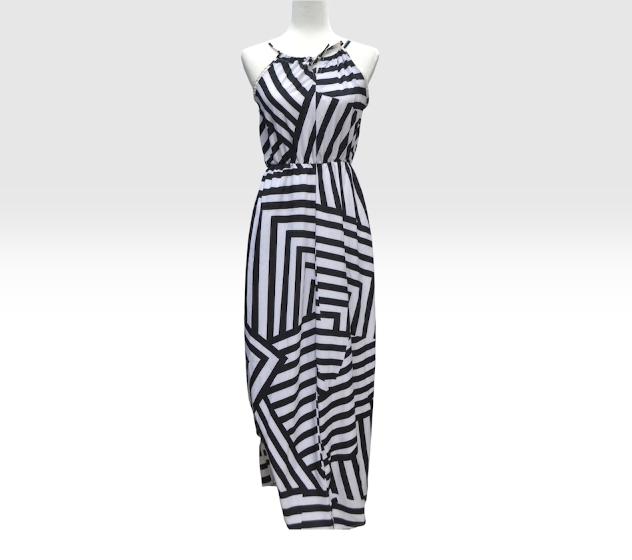 🖤🤍 Vintage 1970s Handmade Black & White Halter Maxi Dress UK 8-10 Boho Dress 🤍🖤