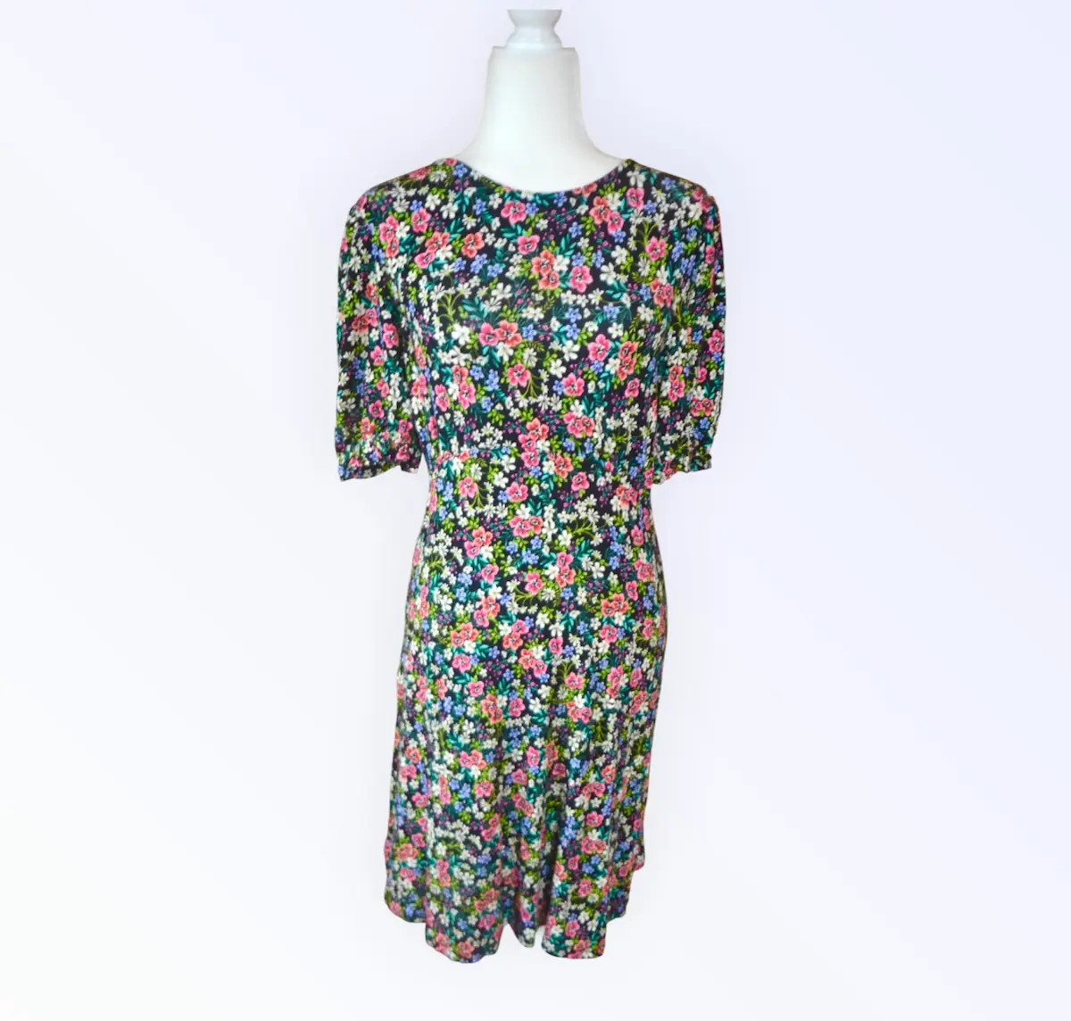 🖤🌸 Black Floral Stretch Jersey Dress UK 12 Balloon Sleeve Day Dress 🌸🖤