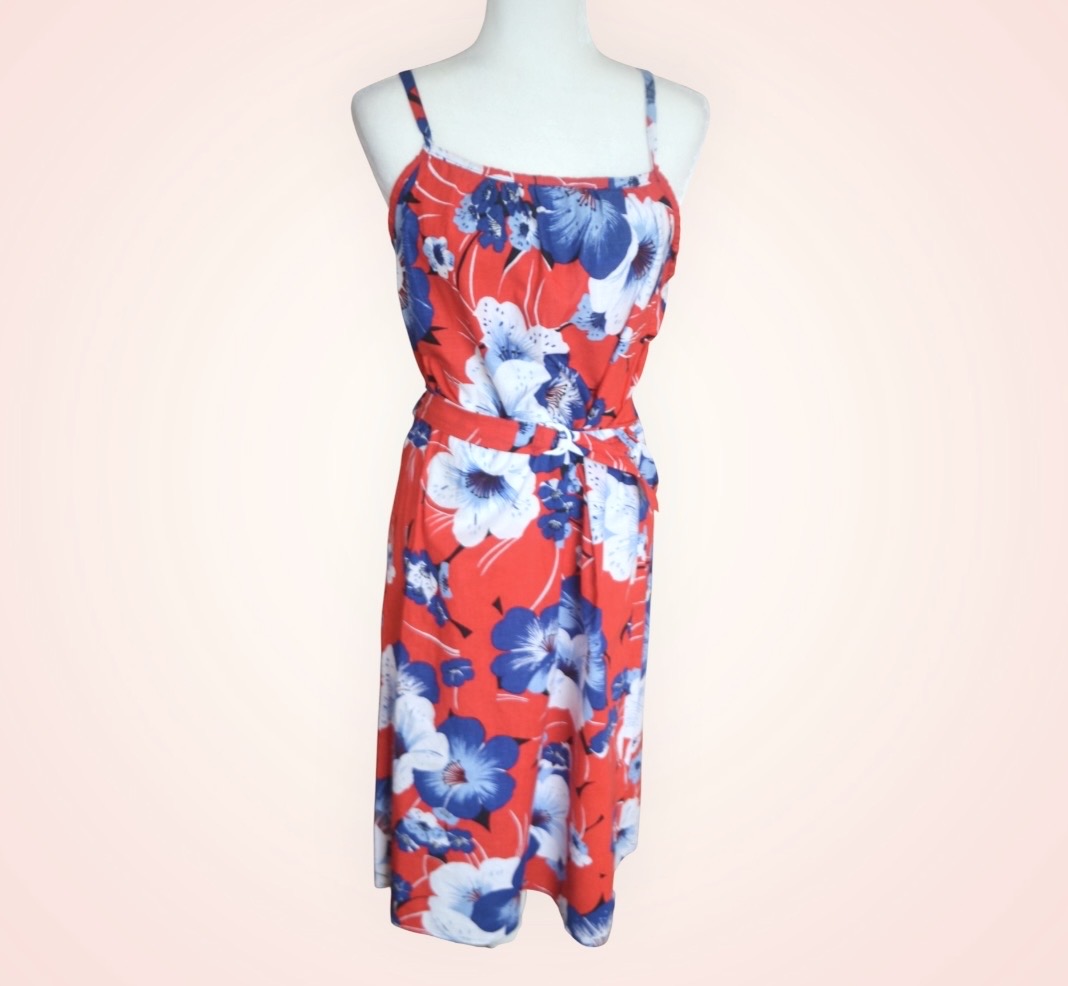 ❤️💙 Vintage 1980s Red & Blue Floral Cotton Strappy Dress | Belted | UK 12 💙❤️