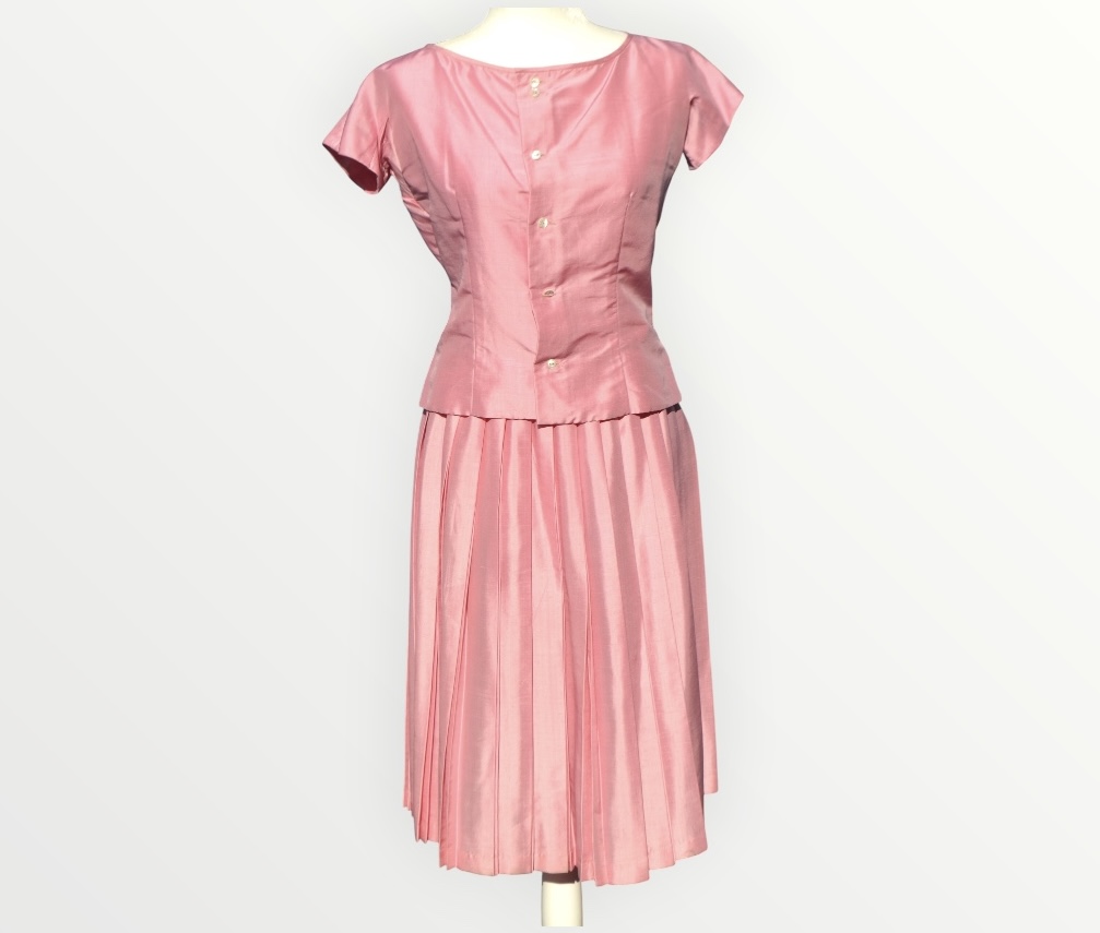 💗🌸 Vintage 1950s Pink Taffeta Skirt Suit UK 8-10 Retro Two Piece Summer Outfit 🌸💗