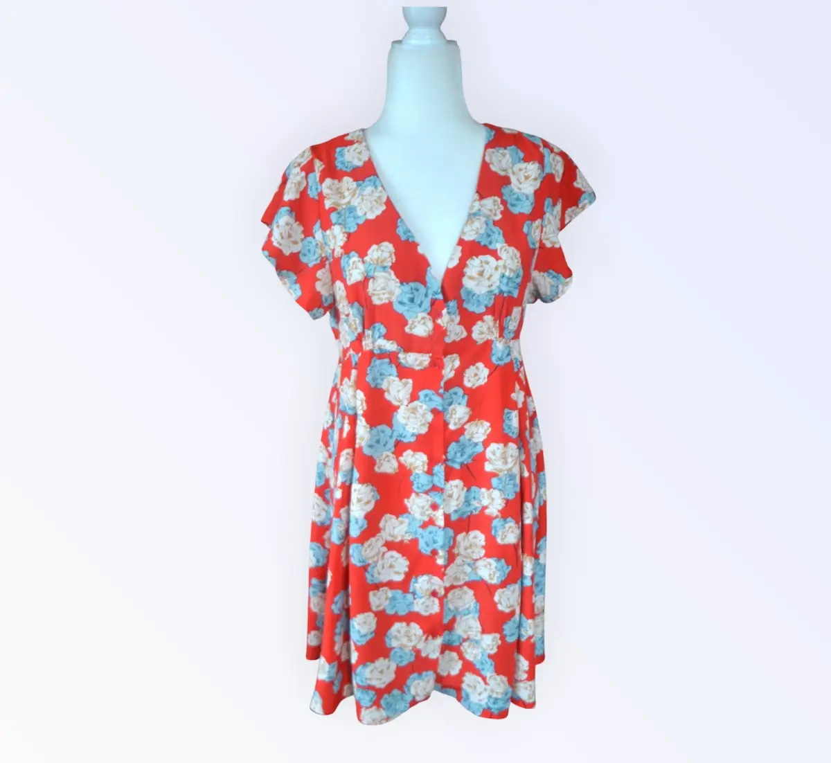 🌹❤️ Y2K Red Floral Button Front Dress by Sweewe Paris -UK 10 Summer Dress ❤️🌹