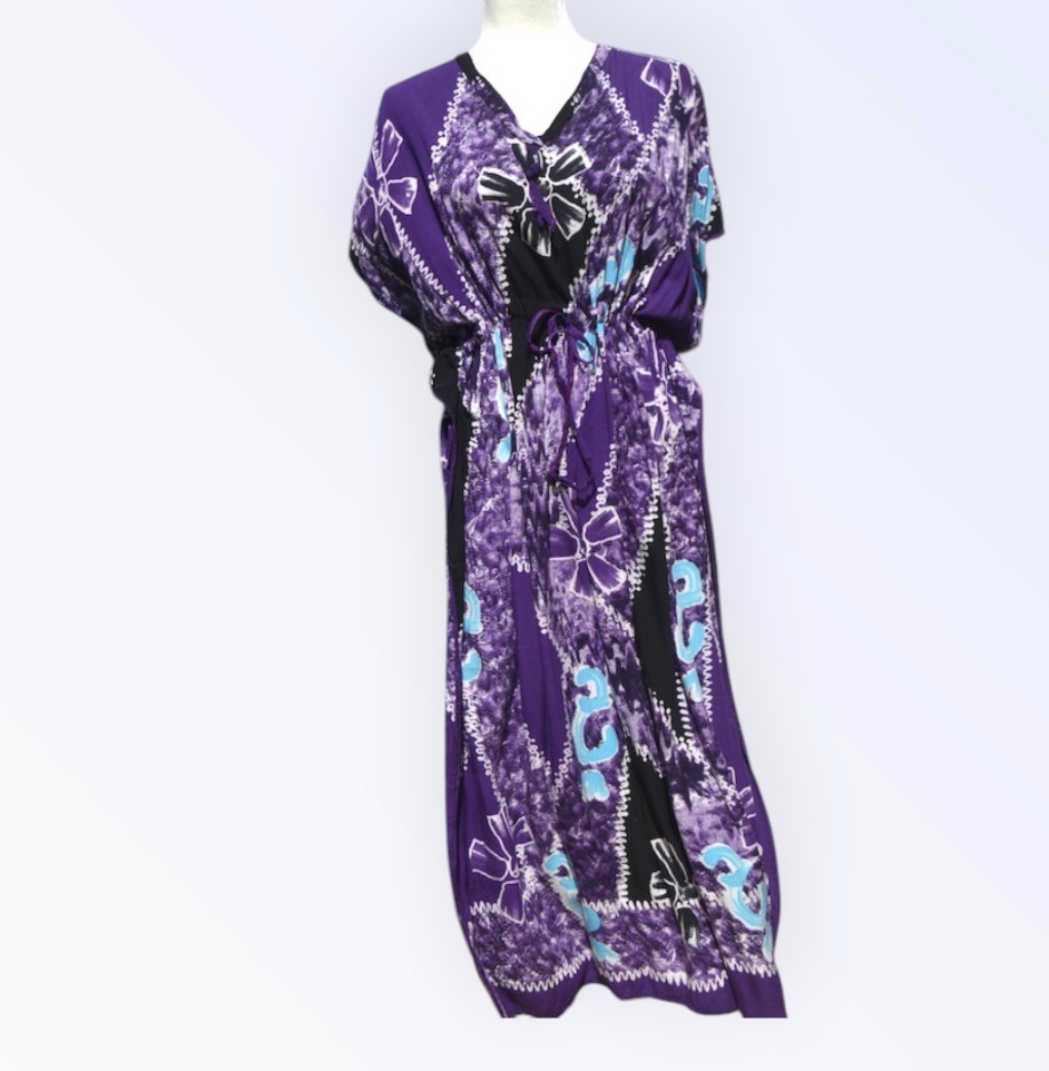🦄 Vintage Cotton Kaftan Dress | Boho Beach Cover-Up | Drawstring Waist | One Size 💜