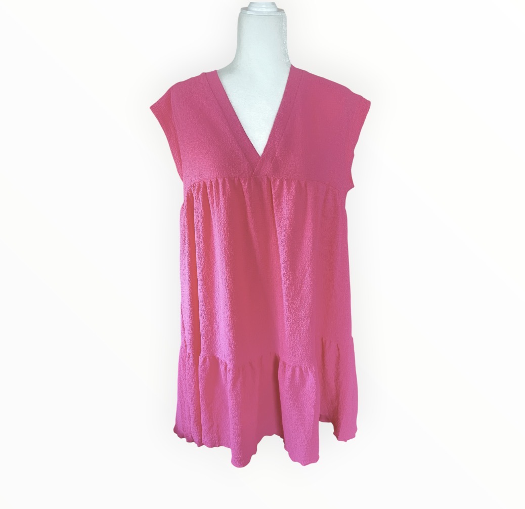 💗 Shein Bright Pink Tiered V Neck Stretch Summer Dress Uk 12 Xl Casual Holiday 💗
