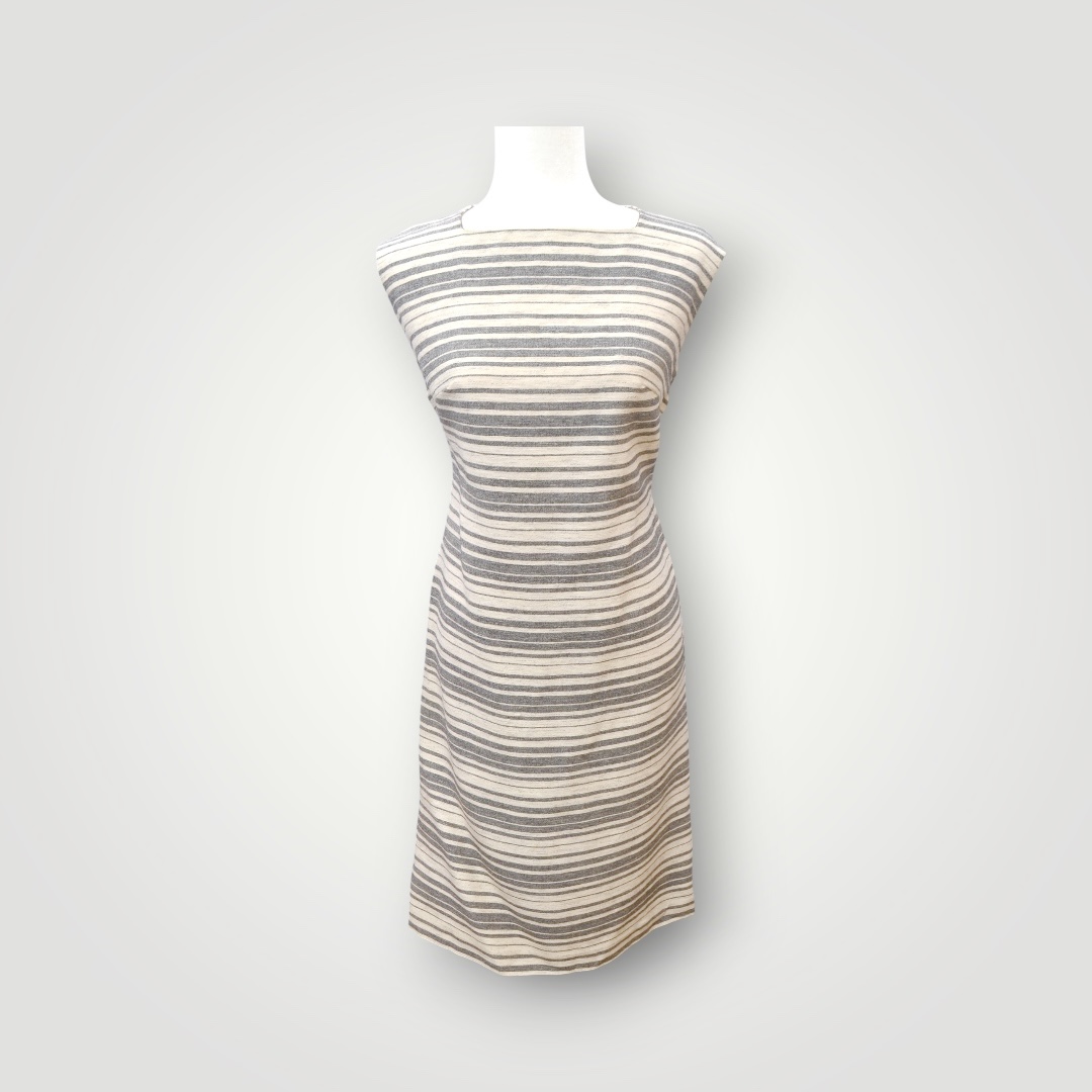 🖤🎞️ Vintage 1960s Grey & Cream Striped Shift Dress – Size 12 – Classic Mod Style 🖤