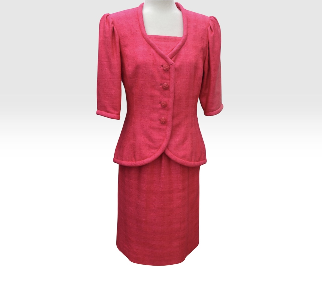 💗✨ Vintage 1980s IB Jorgensen Couture Pink Linen Skirt Suit UK 8-10 Designer Set ✨💗