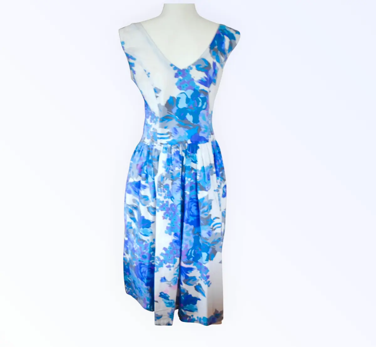 💙🌿 Rare Vintage 1980s Richards Blue Cotton Dress UK 12 Sleeveless Summer Midi Dress 🌿💙