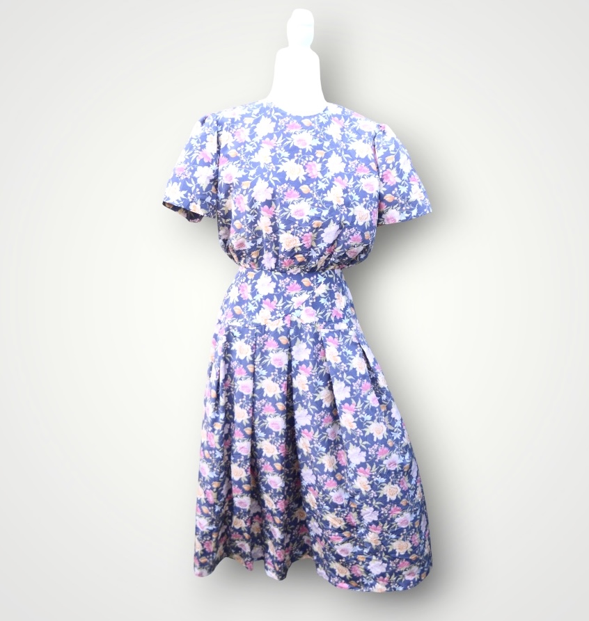 💙 True Vintage 1980s JoS. A. Bank Blue Floral Waisted Dress | Romantic | UK 8 💙
