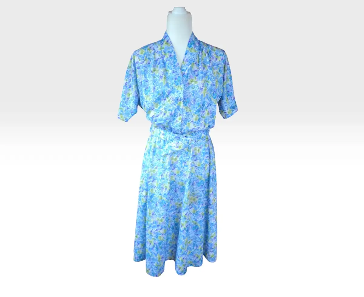 💙 True Vintage 1980s Caremalla Blue Floral Waisted Dress | Belted | UK 12–14 💙