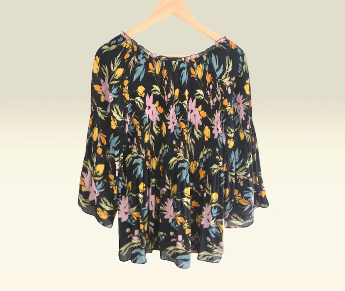 💛🖤 Black & Orange Floral Pleated Blouse by Klass UK 16 Elegant Long Sleeve Smart Casual Top 🖤💛
