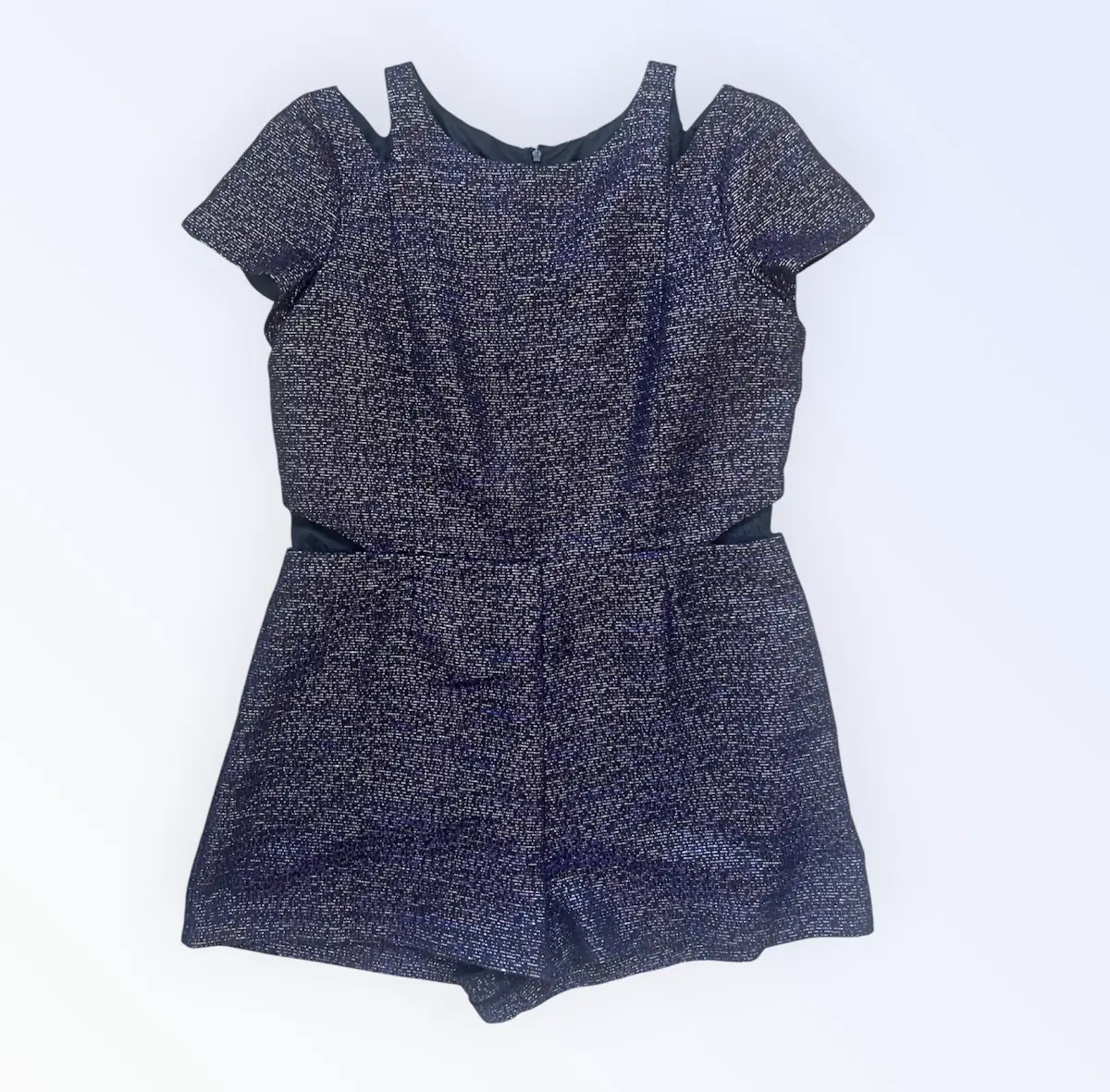 💜✨ Monsoon Fusion Purple Sparkly Cold Shoulder Playsuit UK 12-14 Shorts Party Jumpsuit ✨💜
