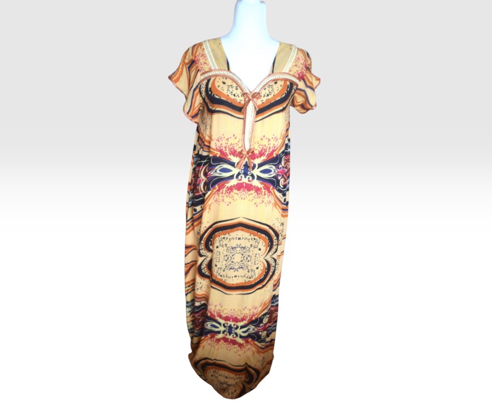 🧡🦋 Vintage 1970s Handmade Orange Print Maxi Kaftan Dress | Boho Holiday Style | UK 12 🦋🧡
