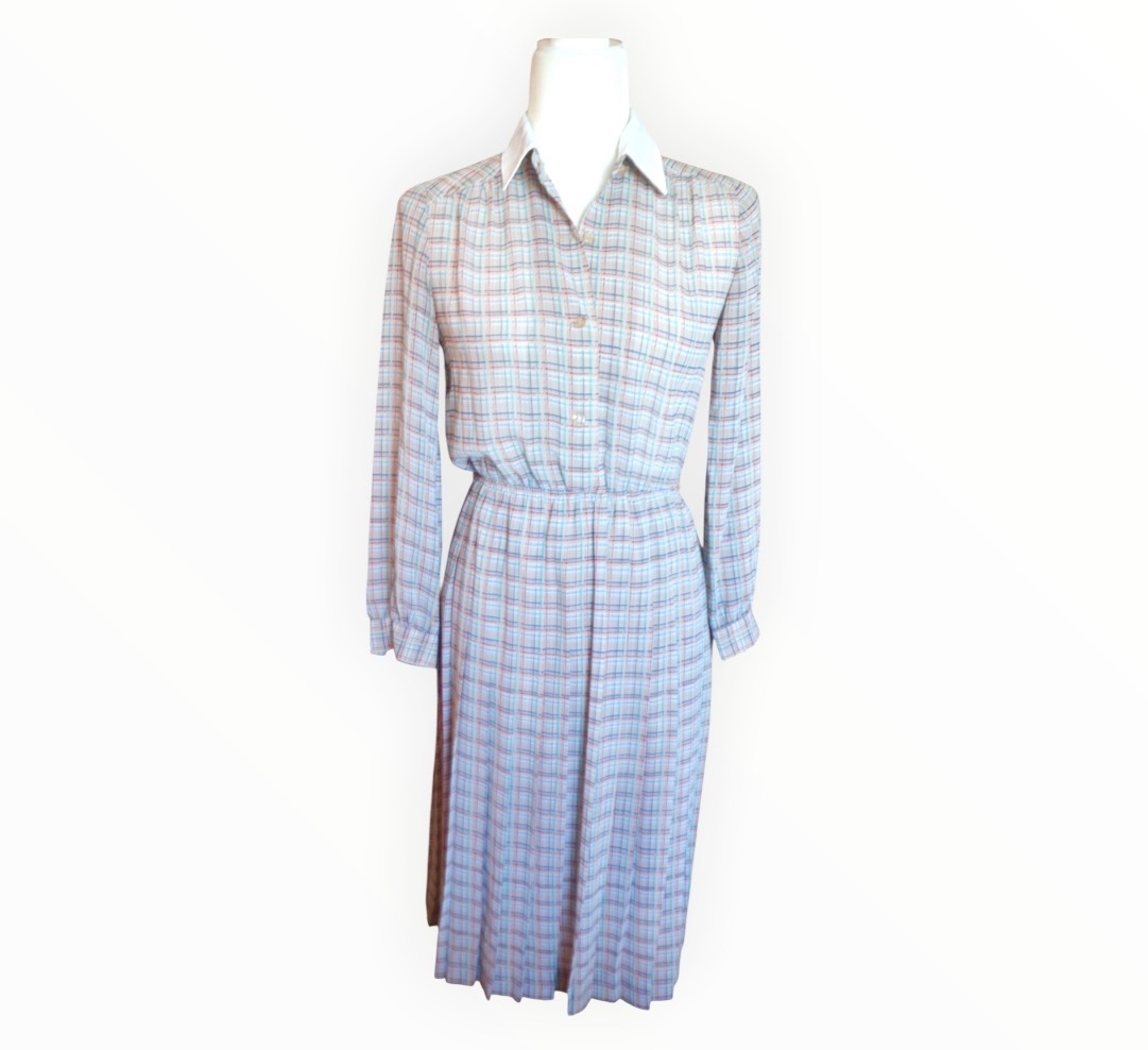 💙❤️ True Vintage 1970s Luva Junior Blue & Red Check Dress | Pleated | UK 10 ❤️💙