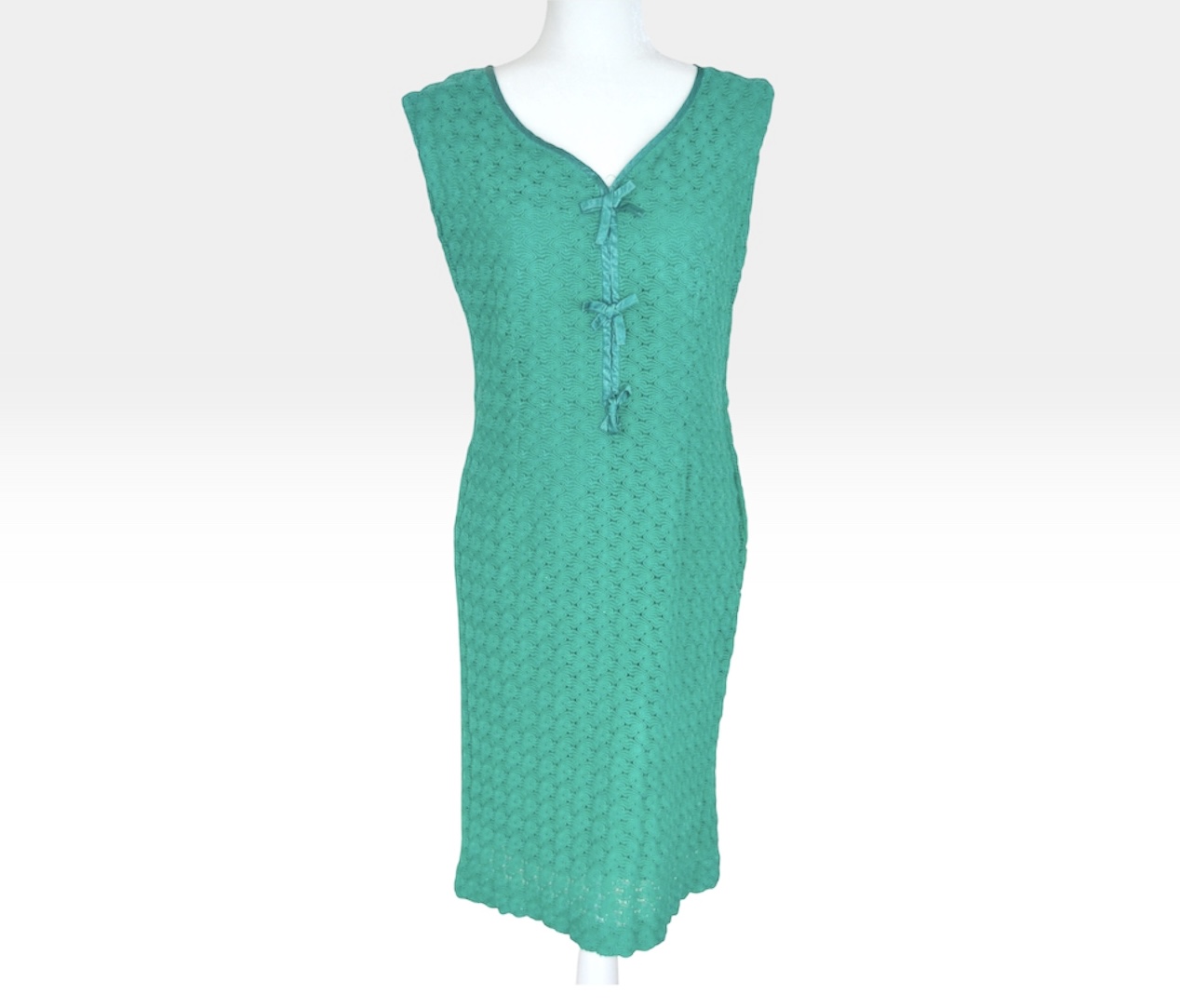 💚✨ Vintage 1960s Emerald Green Crochet Look Shift Dress UK 14 Handmade Dress ✨💚