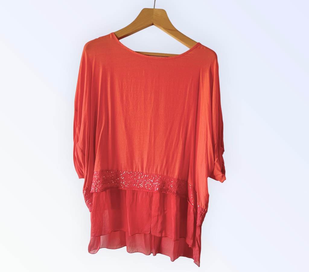 🌺 Made in Italy Loose Fit Layered Coral Blouse Top One Size Sequin Hem Lagenlook Boho