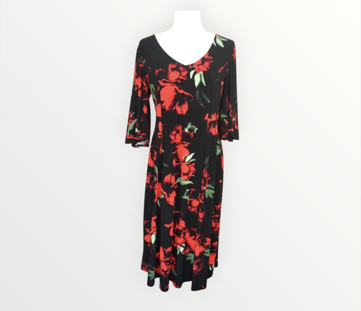 🖤🌹 Joanna Hope Black & Red Rose Print Midi Dress | Short Sleeve | UK 12 🌹🖤