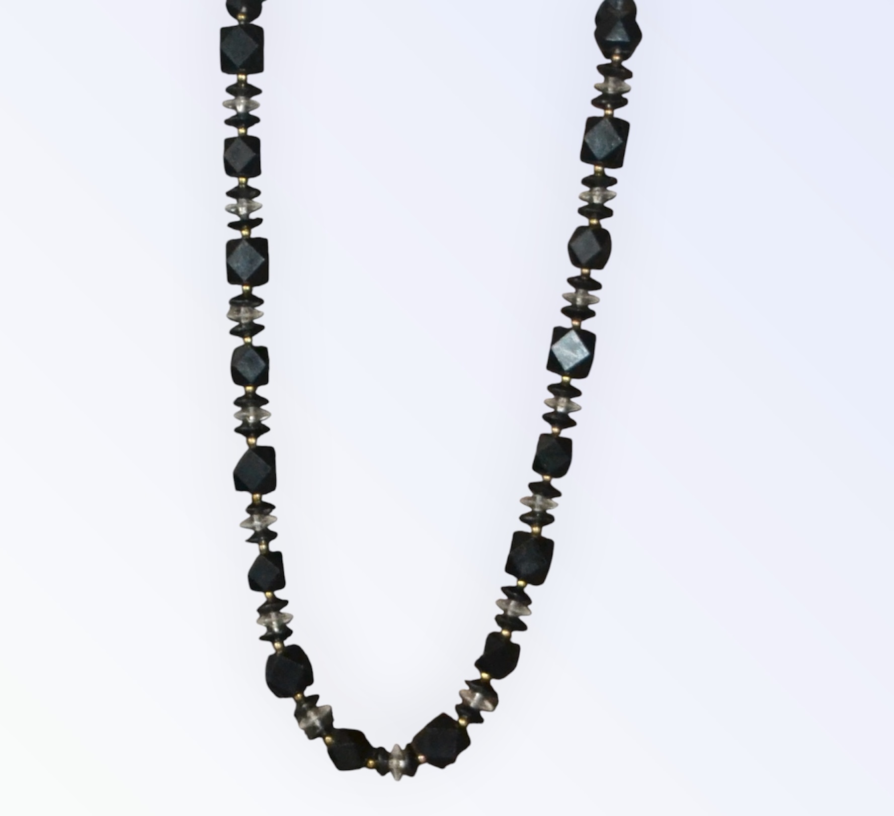 🖤 Vintage 1970s Black & Clear Beaded Necklace | Gold Detail | 72cm Length 🖤