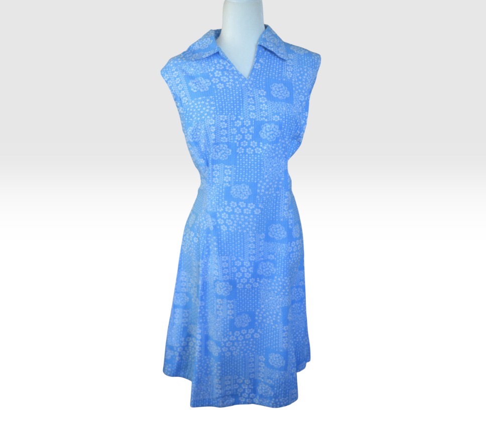 💎🤍 True Vintage 1960s Turquoise & White Cotton Dress | Flared | UK 12–14 🤍💎