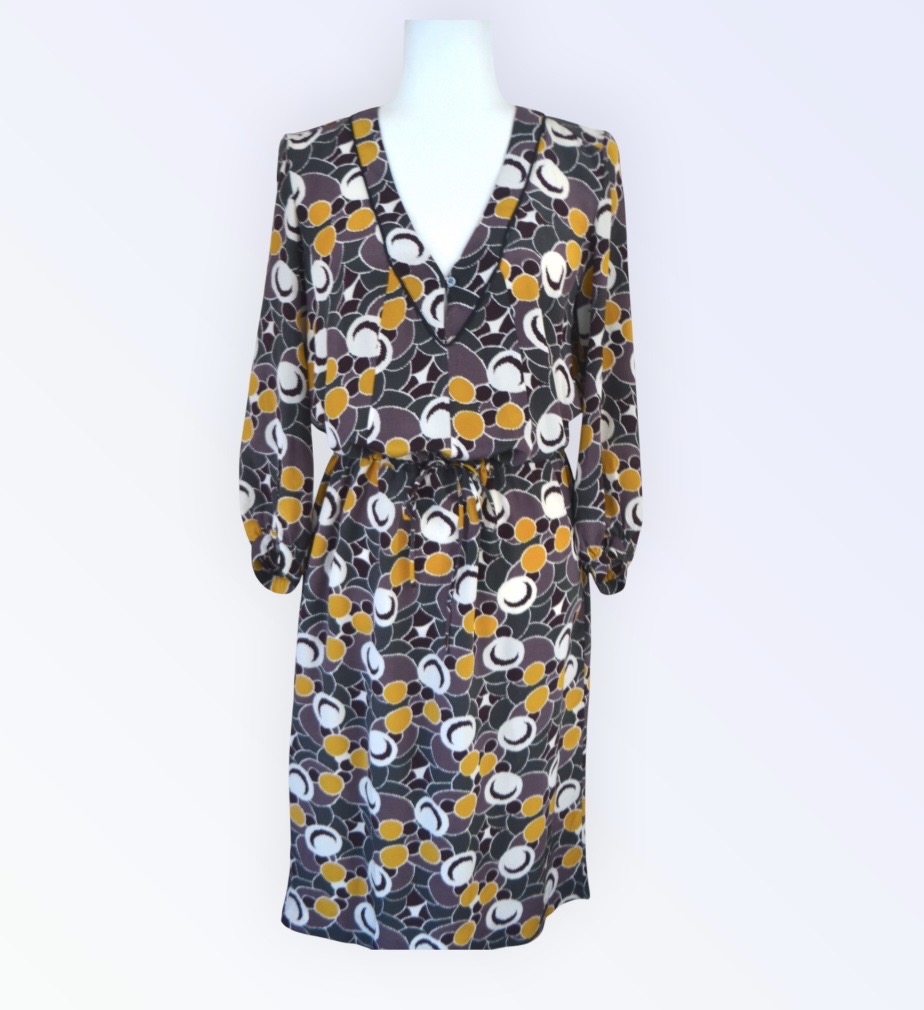 💛 Nicole Farhi Grey & Mustard Print Silk Shirt Dress | ¾ Sleeve | UK 10 💛