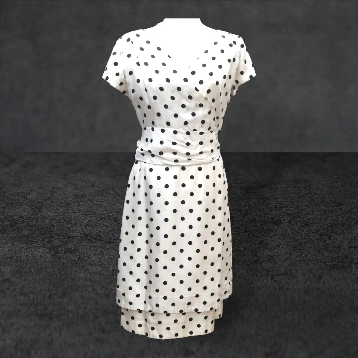 🤍🖤 Vintage Late 1950s Rare Jewsbury & Wilson Silk Polka Dot Dress UK 12-14 Retro Midi Dress 🖤🤍