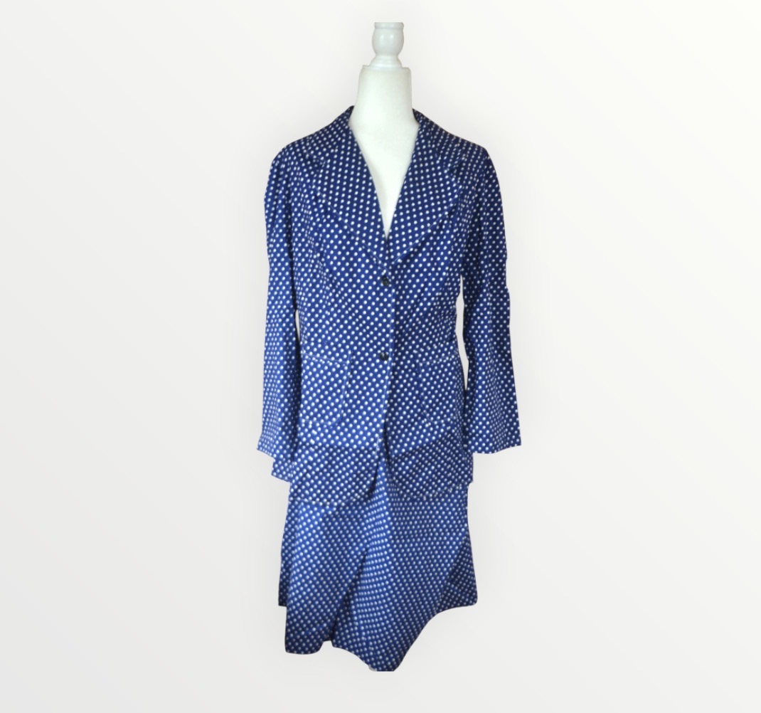 🔵🤍 True Vintage 1960s Navy & White Spot Cotton Skirt Suit | 2 Piece | UK 22–24 🤍🔵