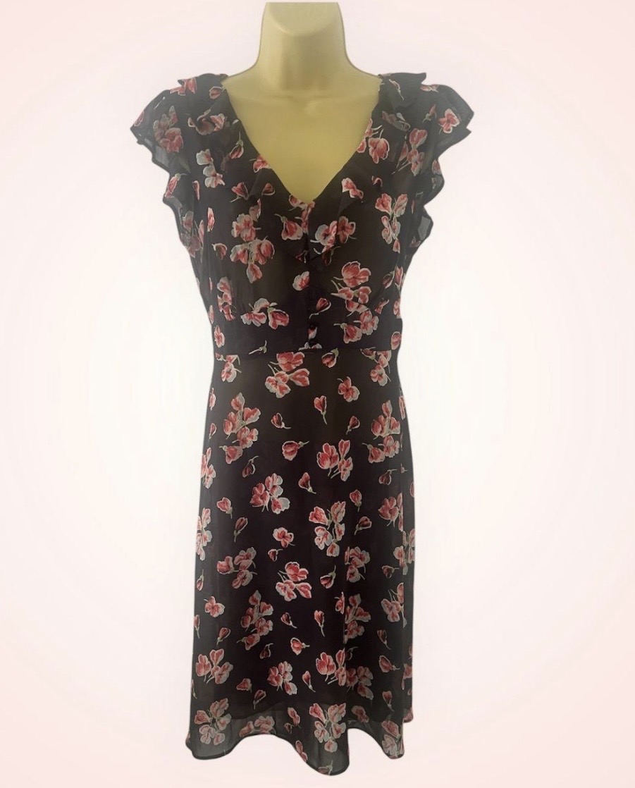 🌹🖤 W by Warehouse Black & Red Floral Chiffon Dress | Romantic Midi Dress | UK 12 🖤🌹