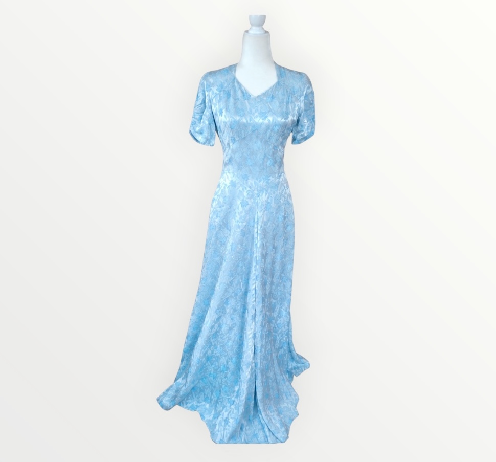 💙Vintage 1950s Handmade Blue Brocade Full Length Evening Dress | Size 8 💙