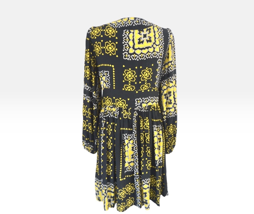 💛🖤 Alice McCall Yellow & Black Print Silk Dress | Designer | Long Sleeve | UK 12 🖤💛