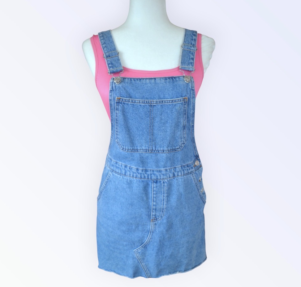 💙👖 Moto Blue Denim Dungaree Skirt | Frayed Hem Pinafore | UK 8 👖💙