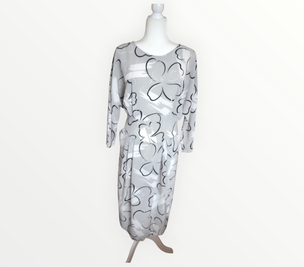 🌫️🖤 Vintage 1980s Grey & Black Print Dress | Waisted Midi Dress | UK 10–12 🖤🌫️