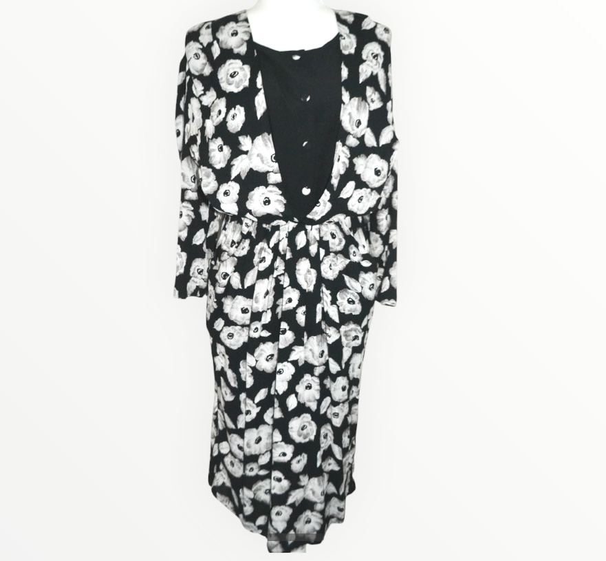 🖤 🎬Vintage 1980s Classic & Co Black Print Midi Dress | Waisted Midi Dress | UK 12–14 🎬