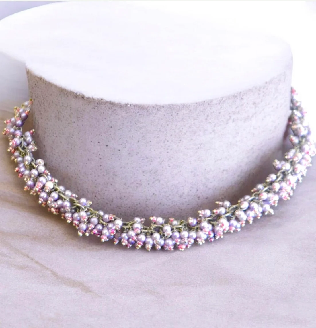 🦋 Vintage 1970s Mauve Tiny Beaded Cluster Necklace | Pewter Tone | 41cm 🦋