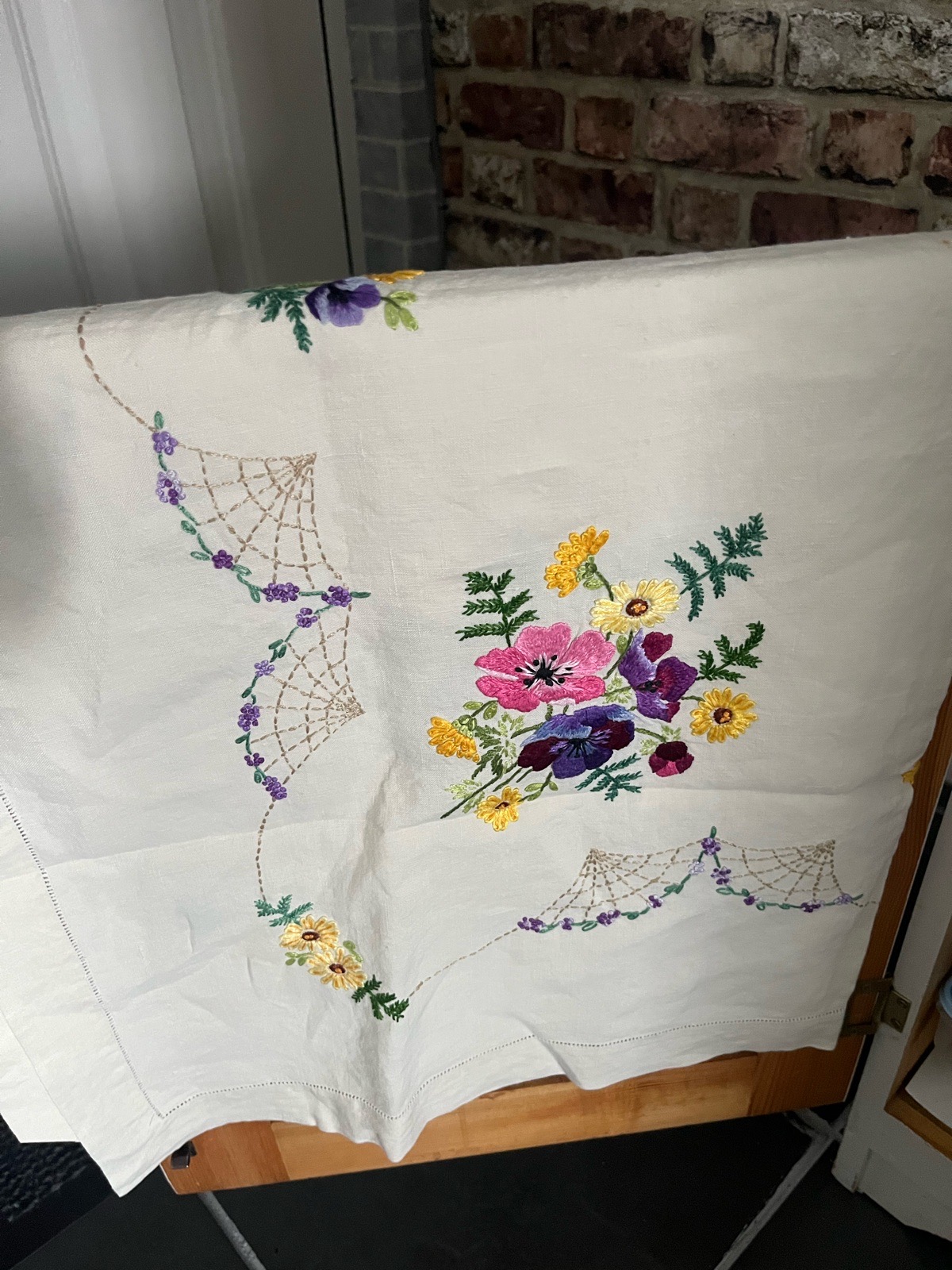 Vintage linen hand embroidered tablecloth