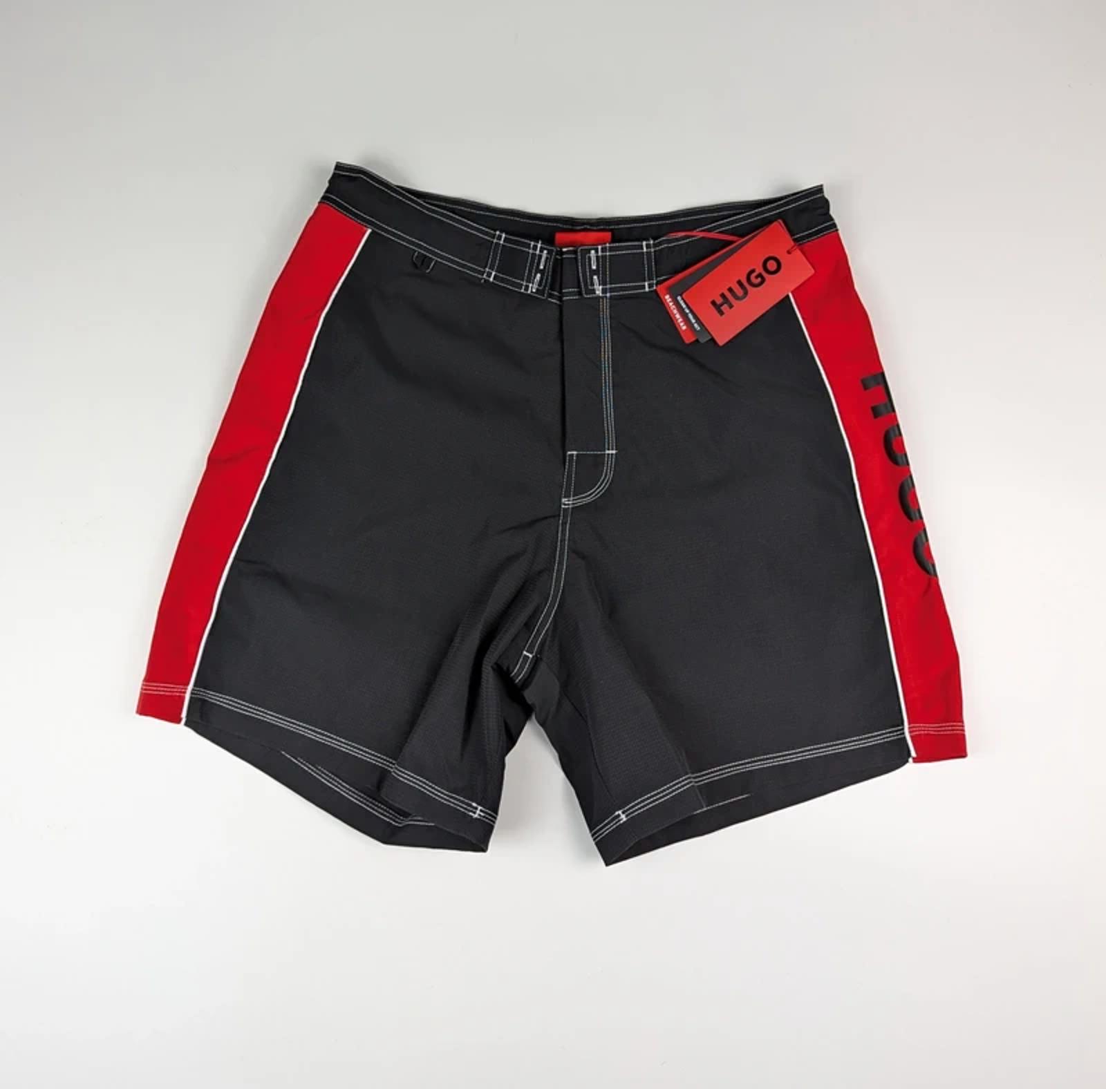HUGO logo-tape swim shorts - Black / Red size uk small holiday Summer NEW