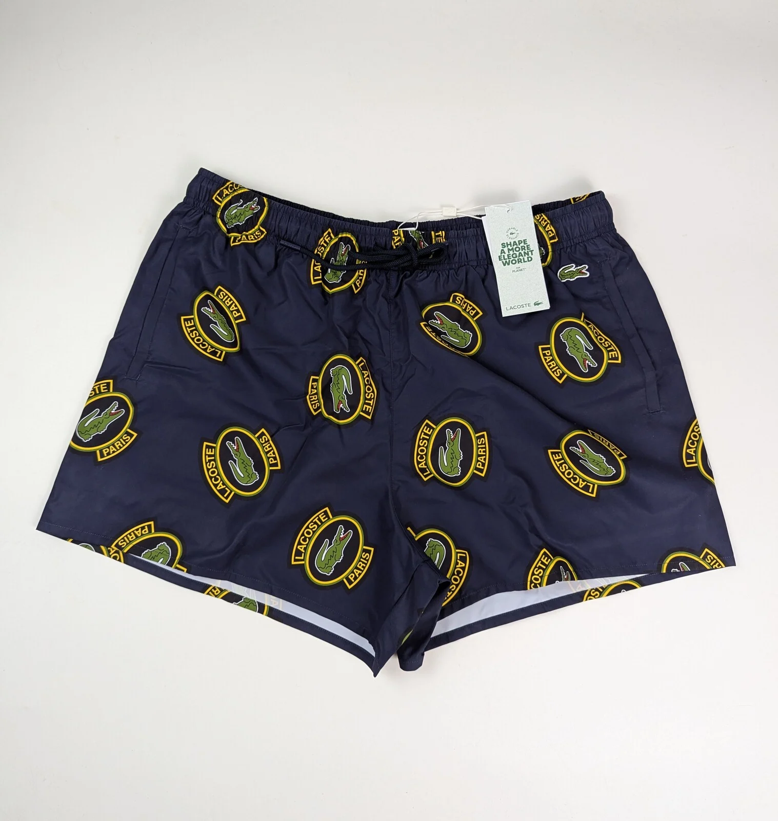 Lacoste Mens logo printed swim shorts in Navy / Multi Size UK Large holiday