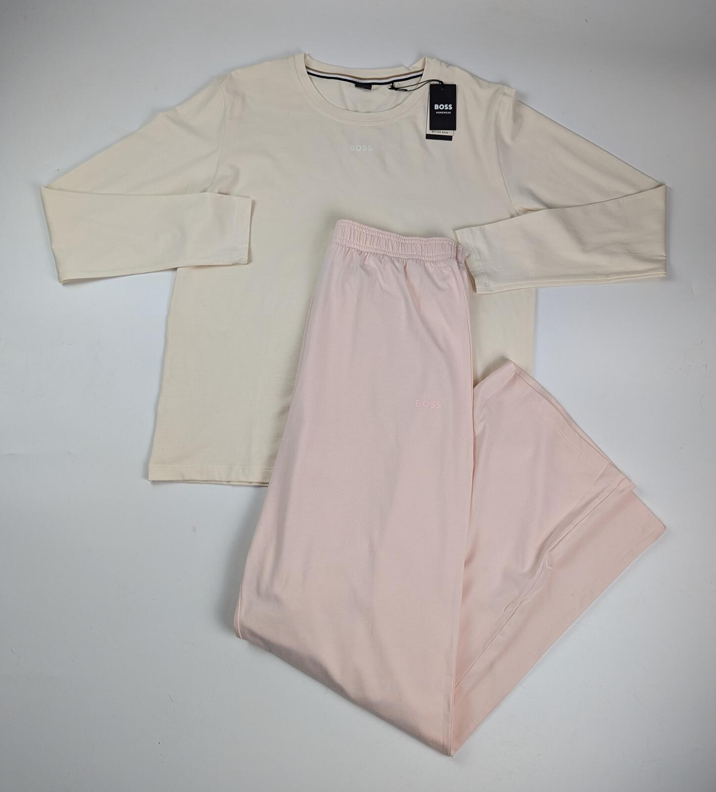 BOSS Women's Ci_long Pajama Set long sleeve wide leg in pink / cream size uk 12