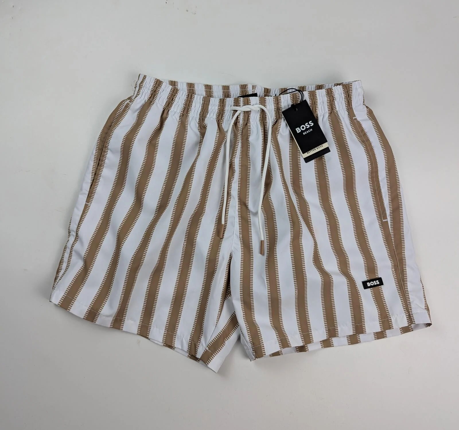 BOSS Piranha Men's Swim Shorts - Beige / White size uk small Holiday Trunks