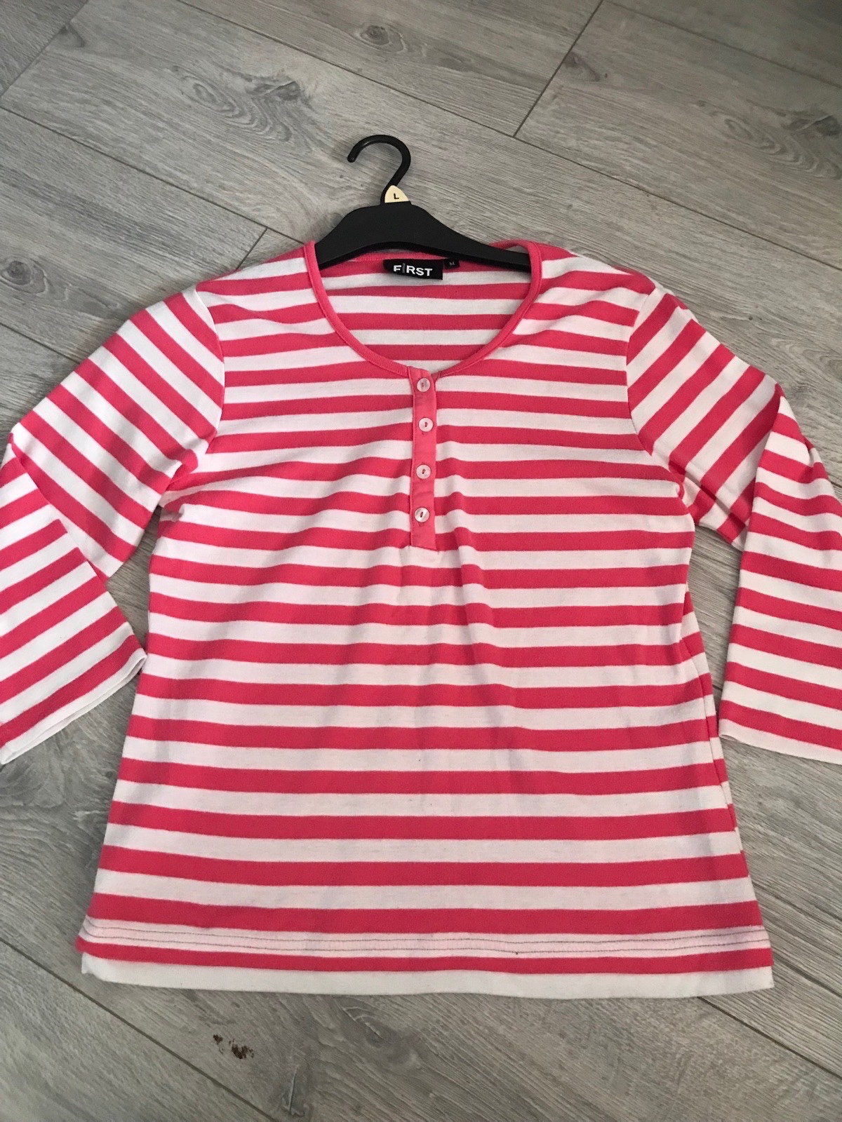 Womens pink and white striped first avenue button up long sleeve top