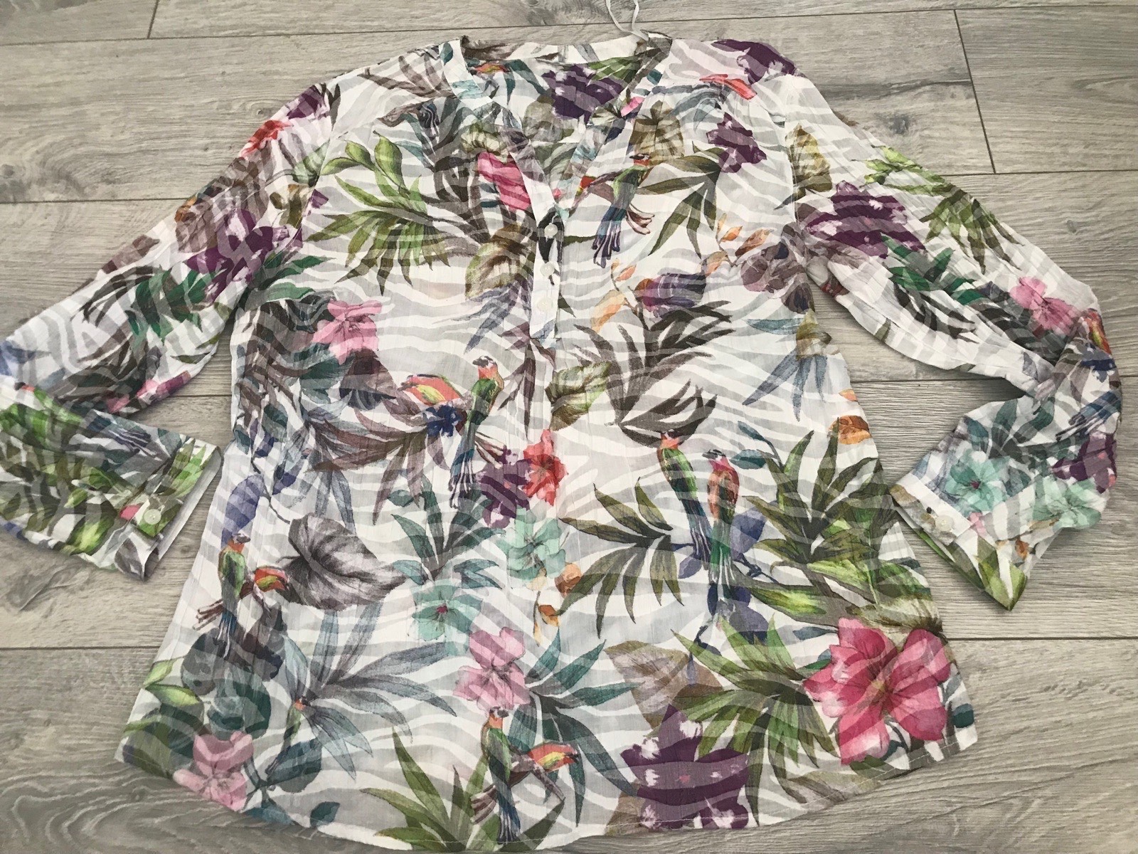 Womens colourful parrot and floral print made in france blouse