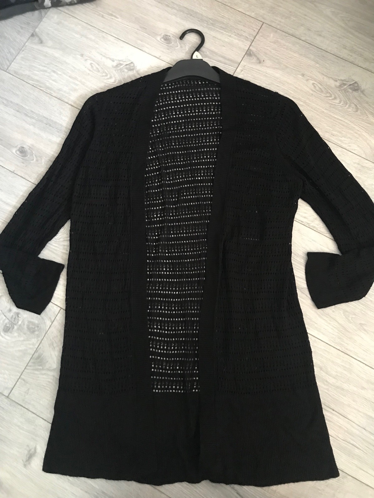 Womens black crochet eyelet long cardigan