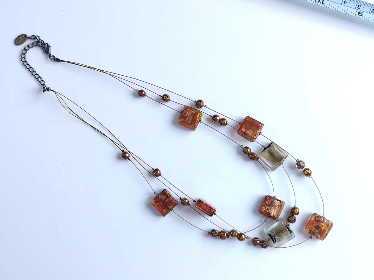 Foil glass bead necklace square autumnal tones