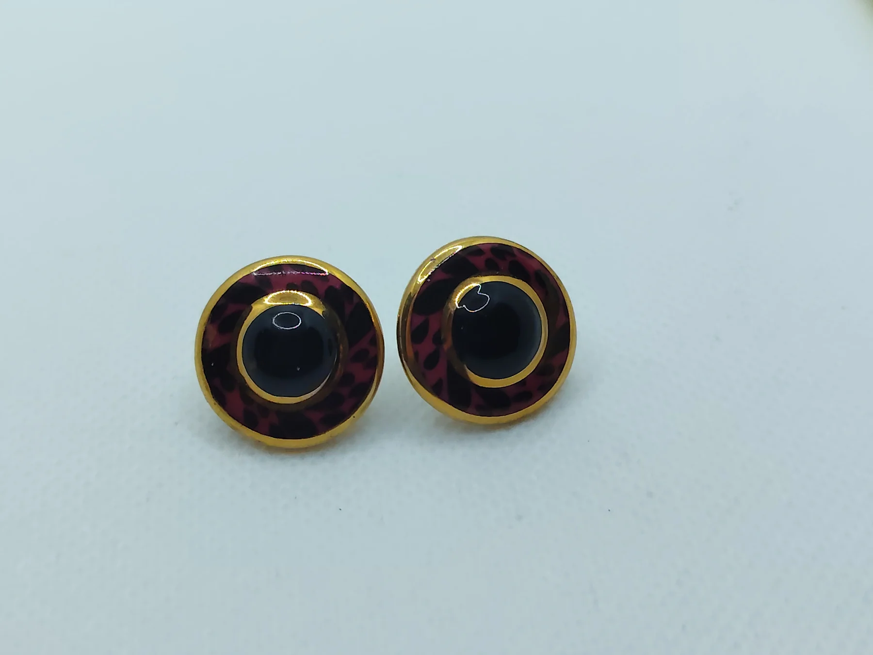 Retro styled glazed ceramic disc style earrings for pierced ears