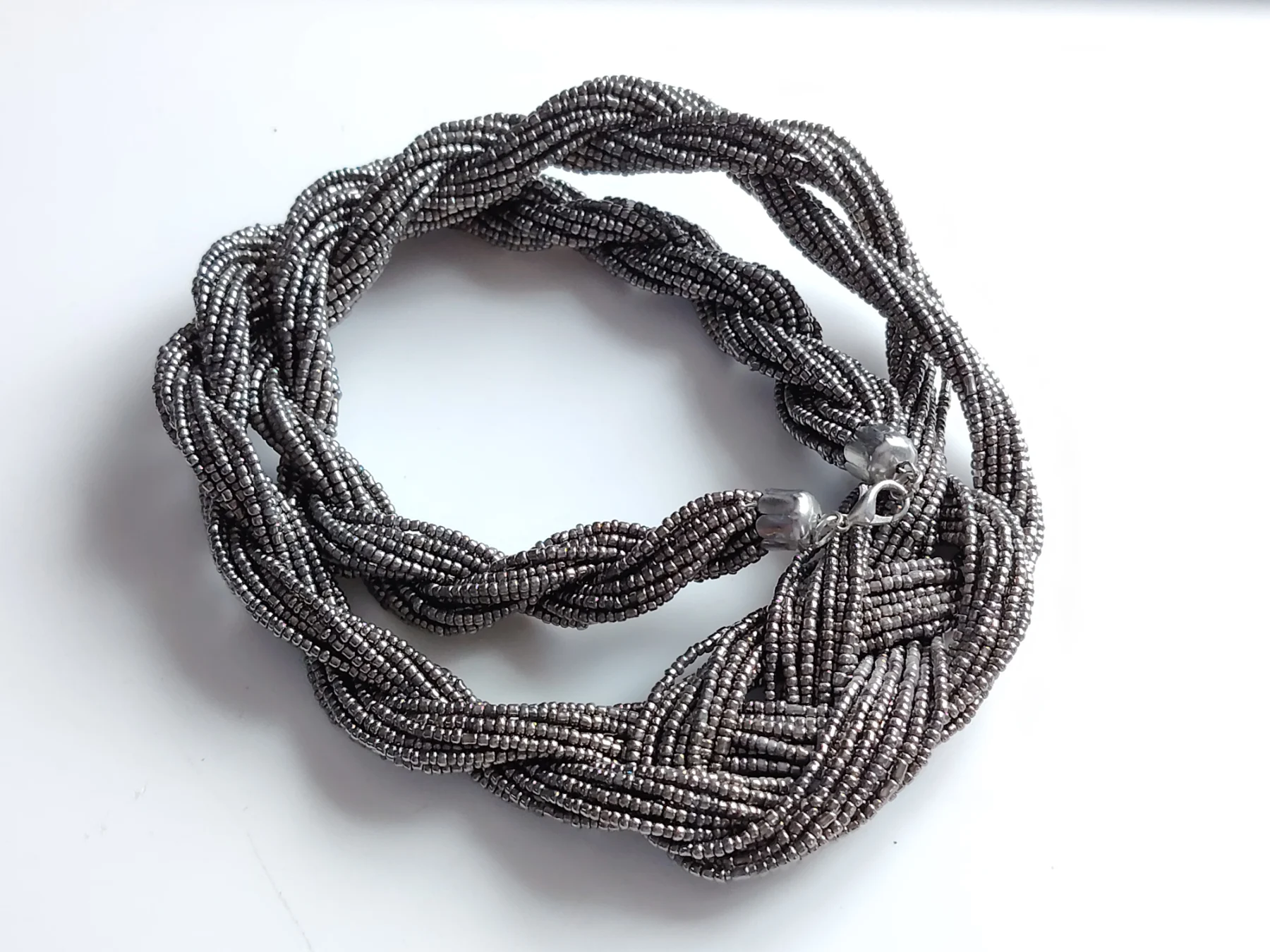 Silver tone glass.seed bead necklace braided style boho layering