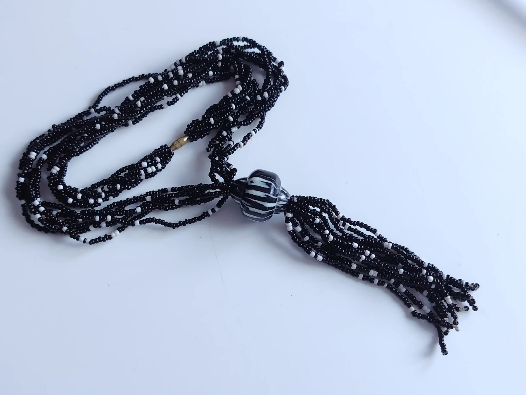 Black white glass seed bead beaded y drop tassel necklace boho layering