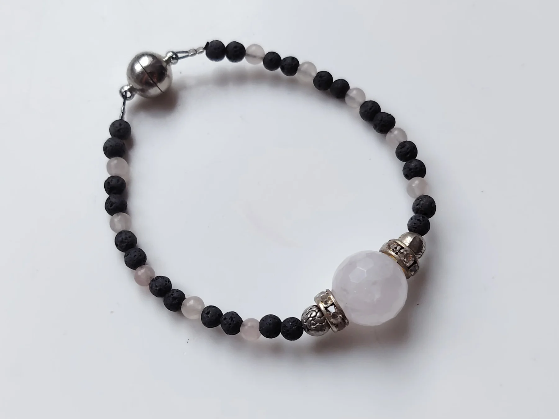 Magnetic clasp rose quartz and lava rock bead beaded bracelet boho layering