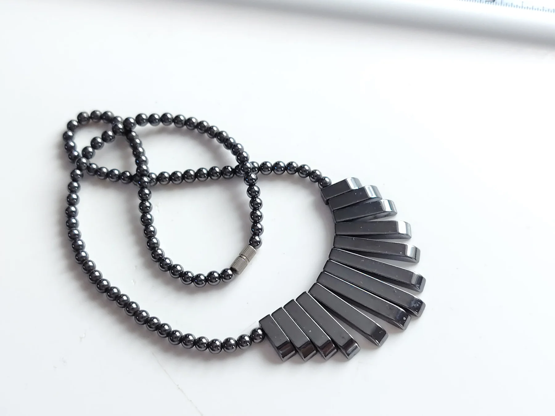 Retro styled boho hematite stone bead beaded bib necklace